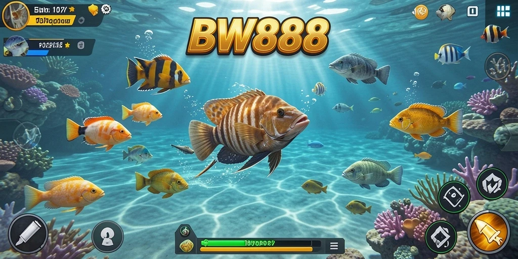 Gameplay BW888 dengan ikan berwarna-warni di lautan.