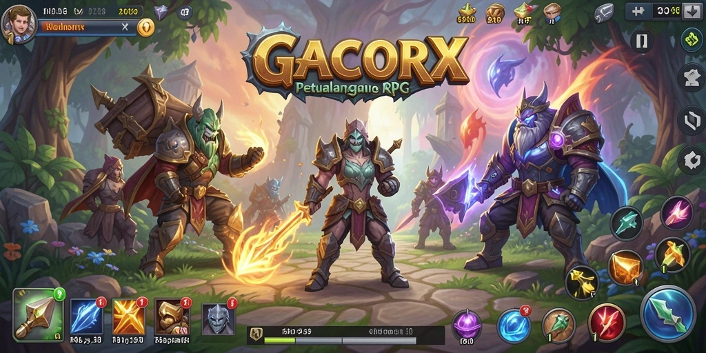 GACORX menampilkan aksi pertarungan seru dalam dunia RPG yang luas.
