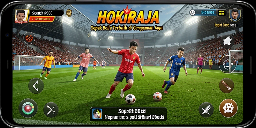 Tangkapan layar HOKIRAJA menunjukkan aksi pertandingan sepak bola yang mendebarkan.