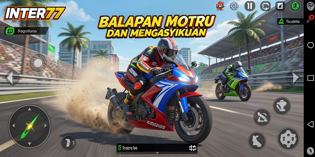Screenshot menunjukkan balapan motor yang penuh aksi dan keseruan.