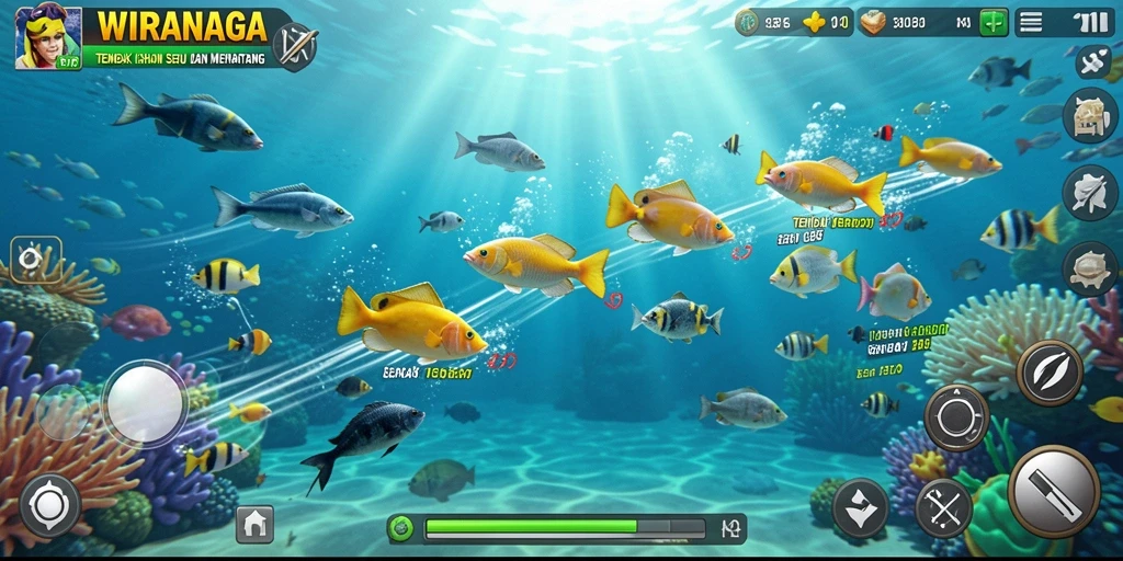 Screenshot gameplay menarik dari WIRANAGA yang menunjukkan aksi tembak ikan.